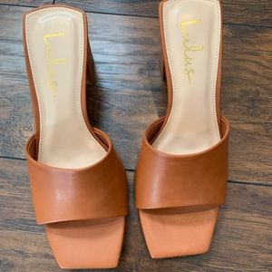 camel colored block sandals
